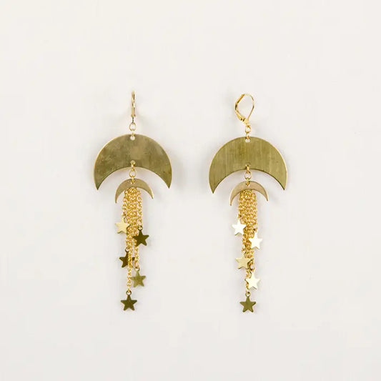 Earrings, Double Moon and Star Dangle