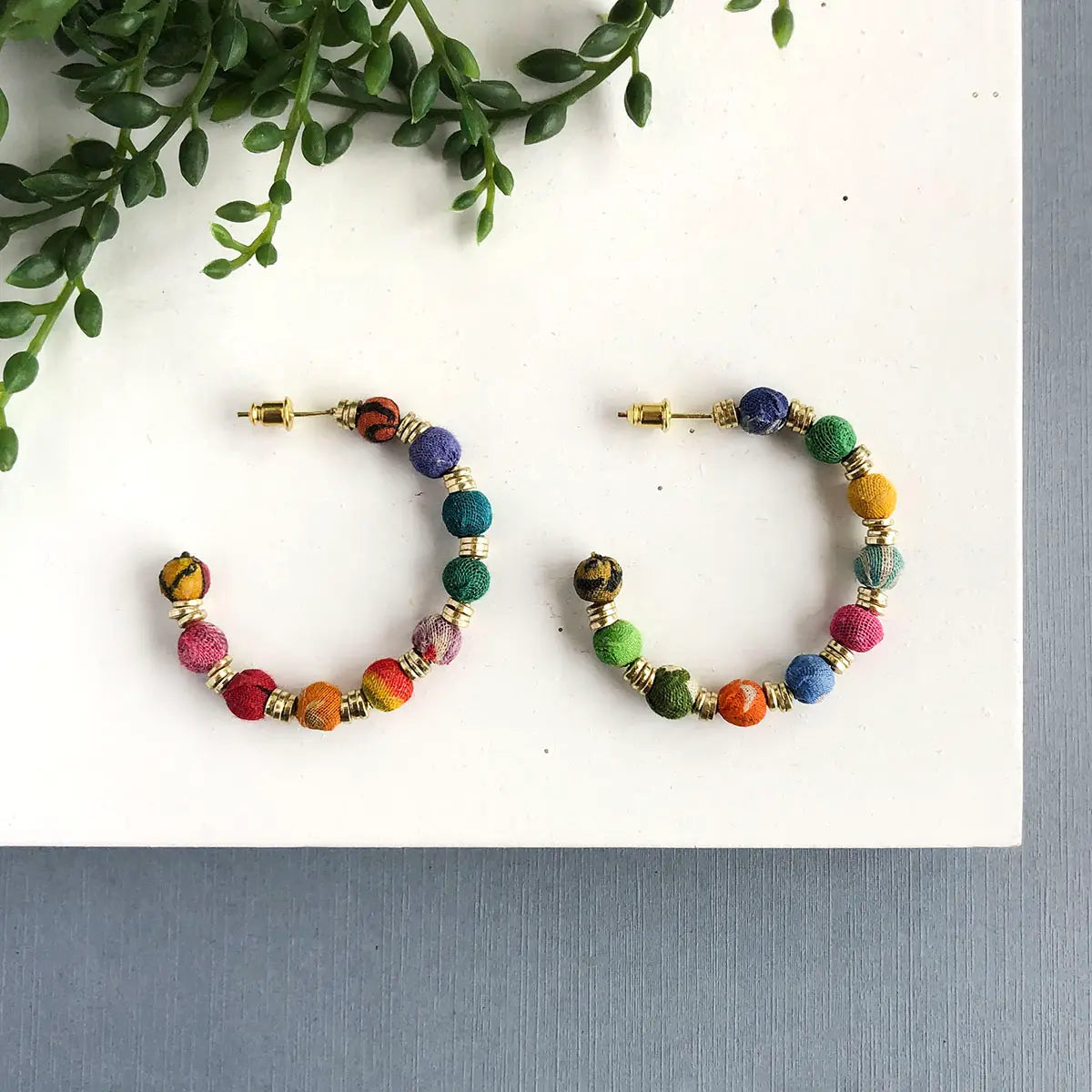 Earrings, Kantha Pailette Hoops