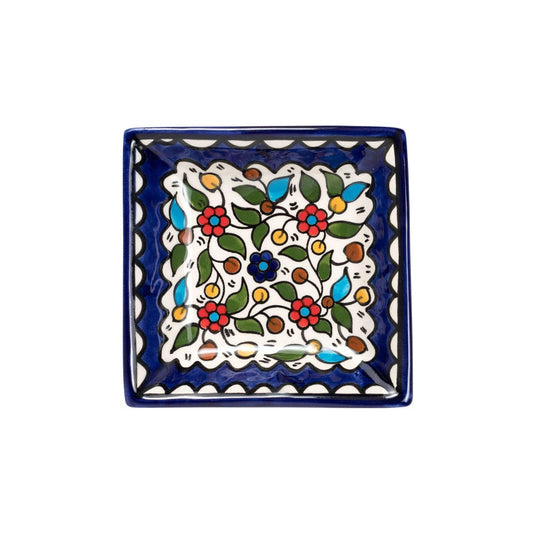 Dish floral hand painted ceramic 4.25sq blue/multi