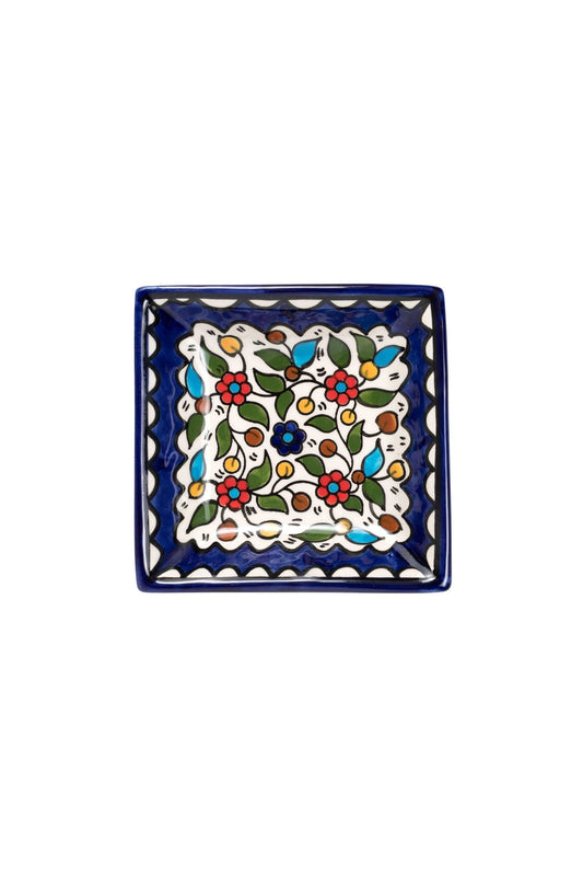 Dish floral hand painted ceramic 4.25sq blue/multi