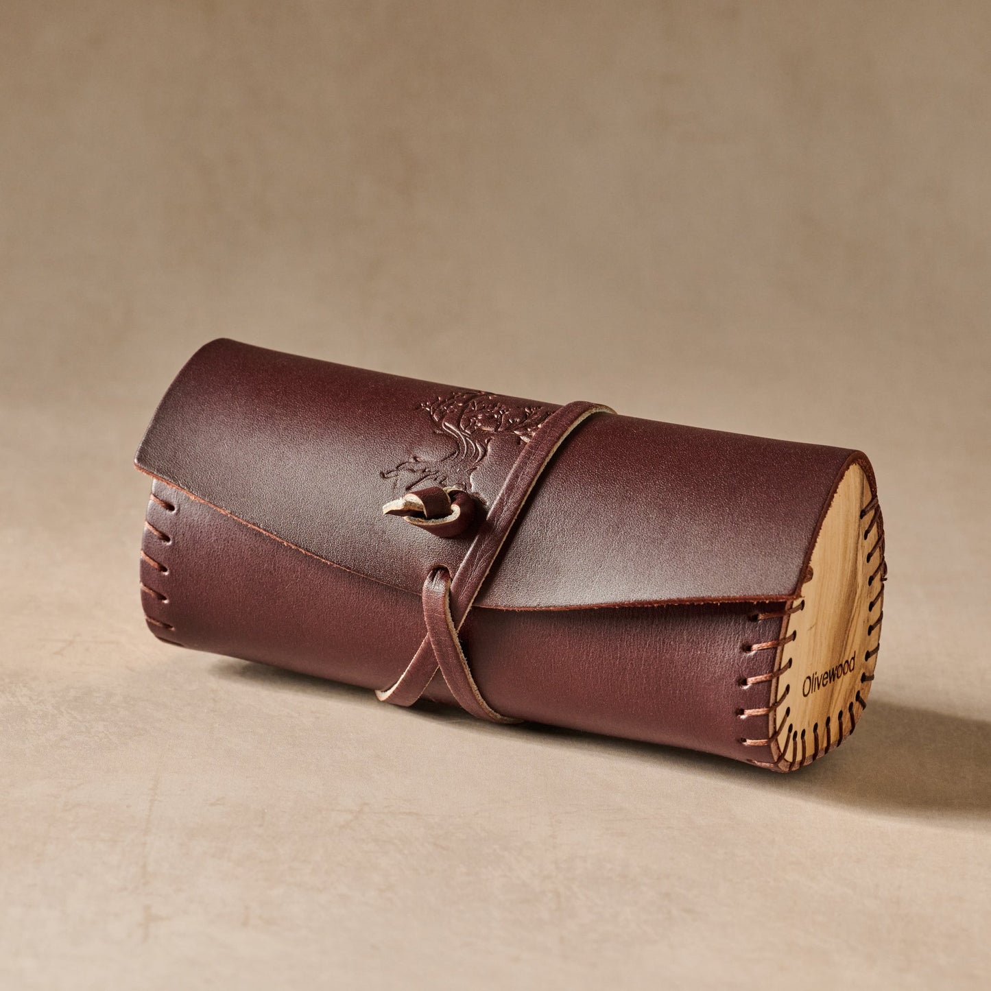 Eyeglass case round w/wrap lthr/olive wd 6Lx2.5D