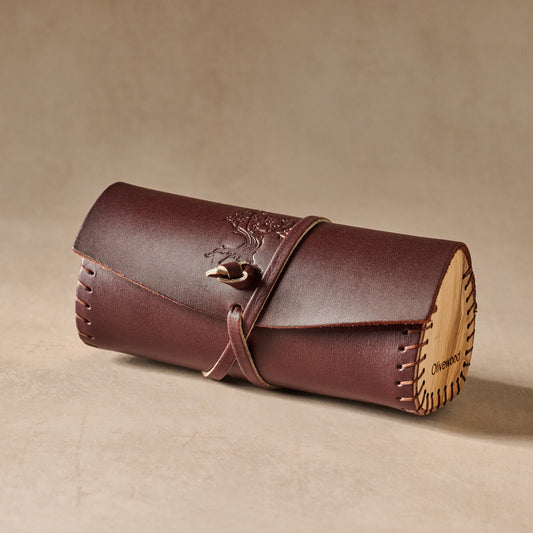 Eyeglass case round w/wrap lthr/olive wd 6Lx2.5D