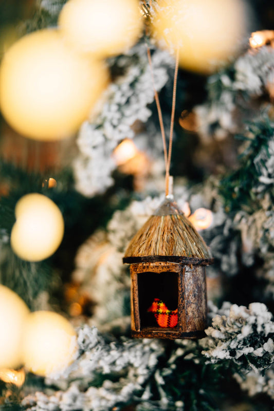 Ornament winter home w/bird M/3 b-fiber 4H brn/red