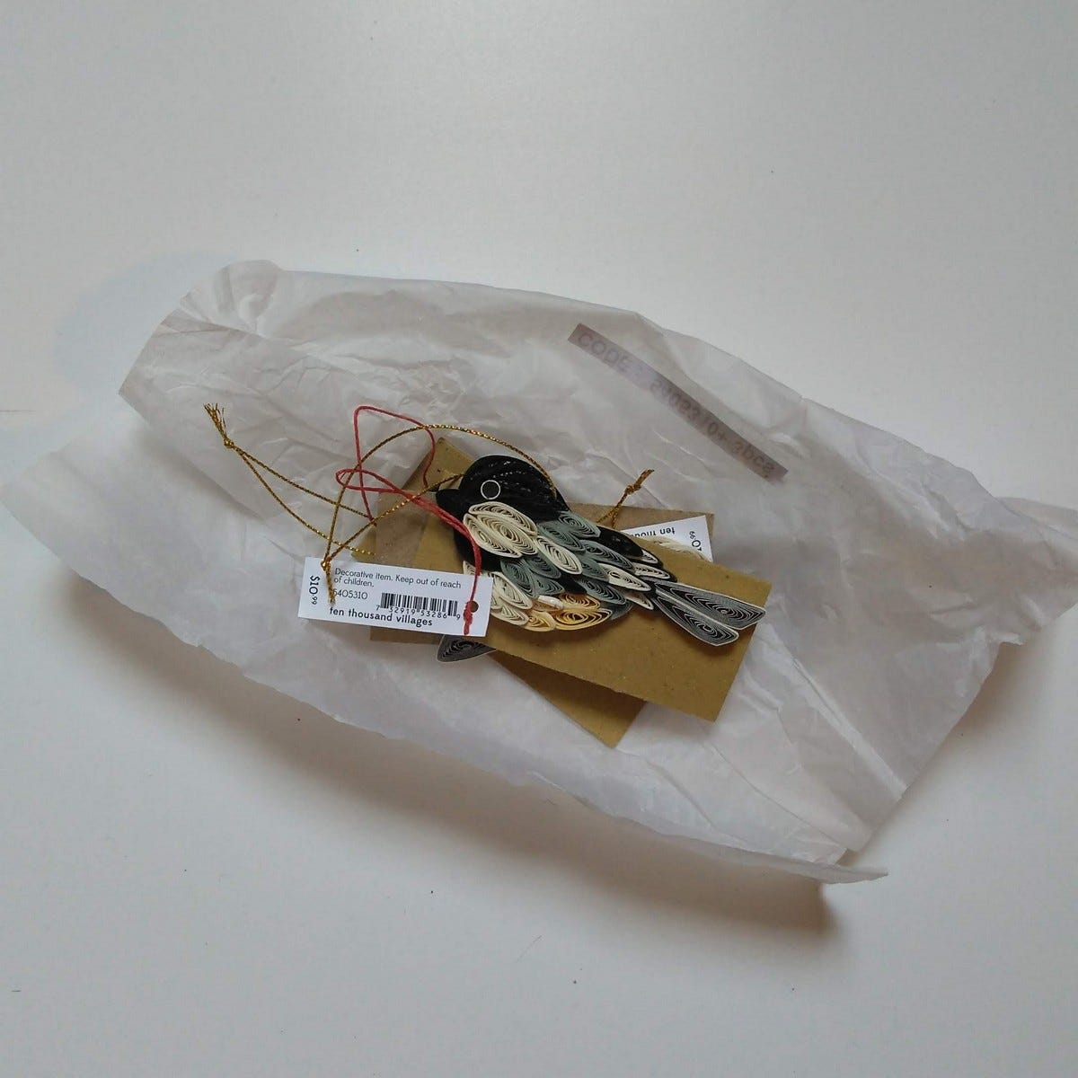 Ornament chickadee M/3 quilled paper 3.5L blk/gray