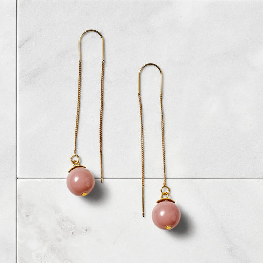 Earrings threader bead horn/stl 2.75L pink/gold