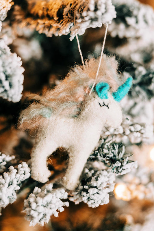 Ornament unicorn M/3 wool/felt 4H wht/aqua/pink