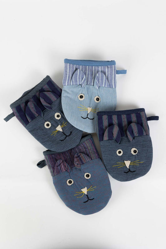 Mitts cats f/oven S/2 cotton 7Lx5.5W blue/asst