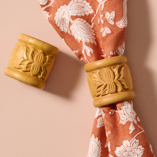 Lotus Blossom Carved Wood Napkin Rings