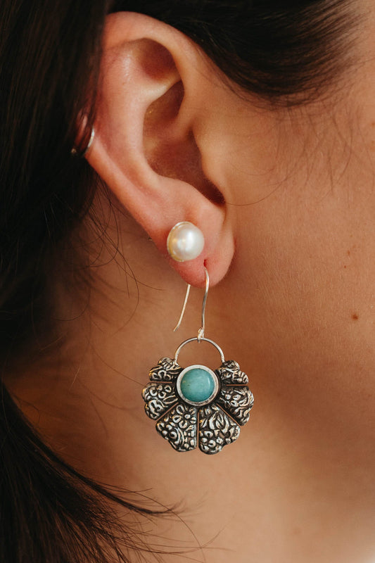 Earrings floral fan amazonite/strlg 1.5L silv/aqua