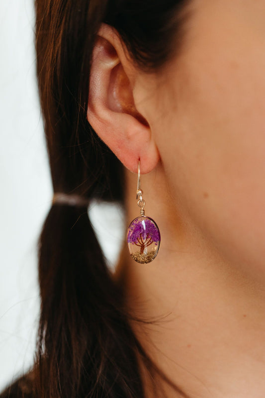 Earrings arbor tree oval resin/stn 1.5L prpl/clear