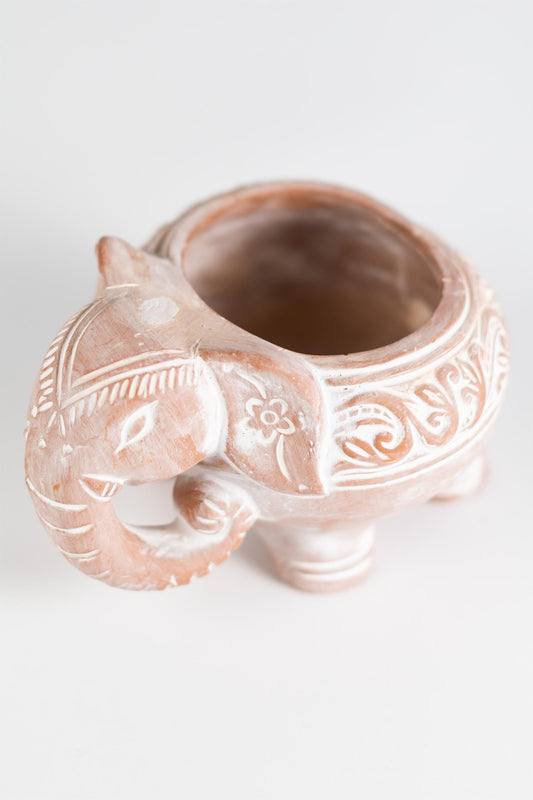Planter elephant t-cotta 7Lx5H whitewash