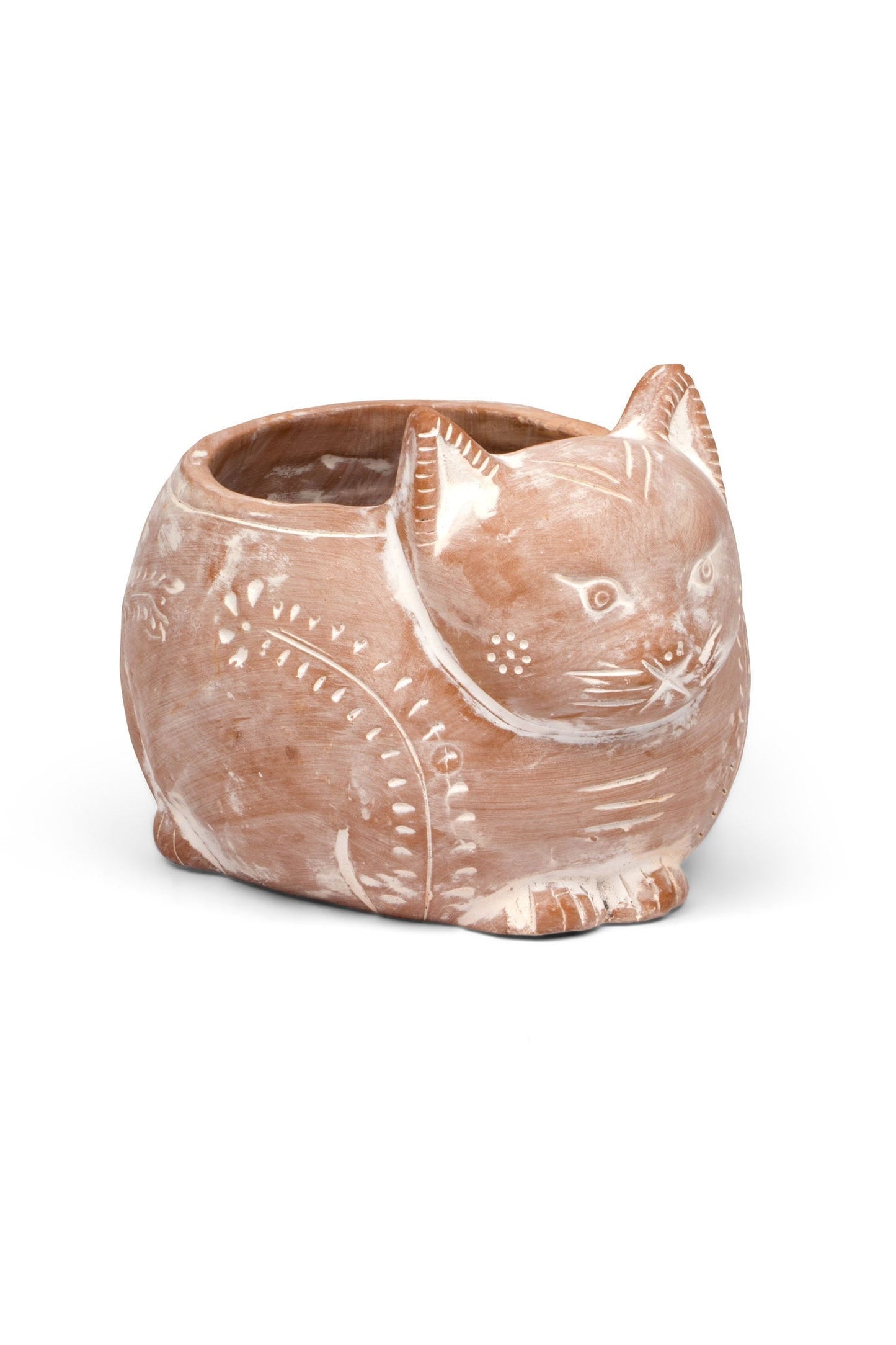 Whitewashed Terracotta Planter, "Crouching Cat", 7"