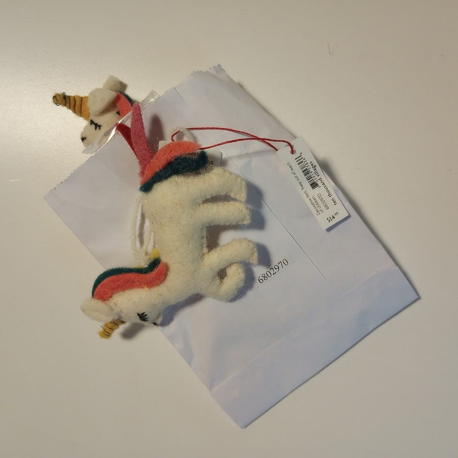 Ornament unicorn M/2 felt 4Lx4H wht/yel/multi