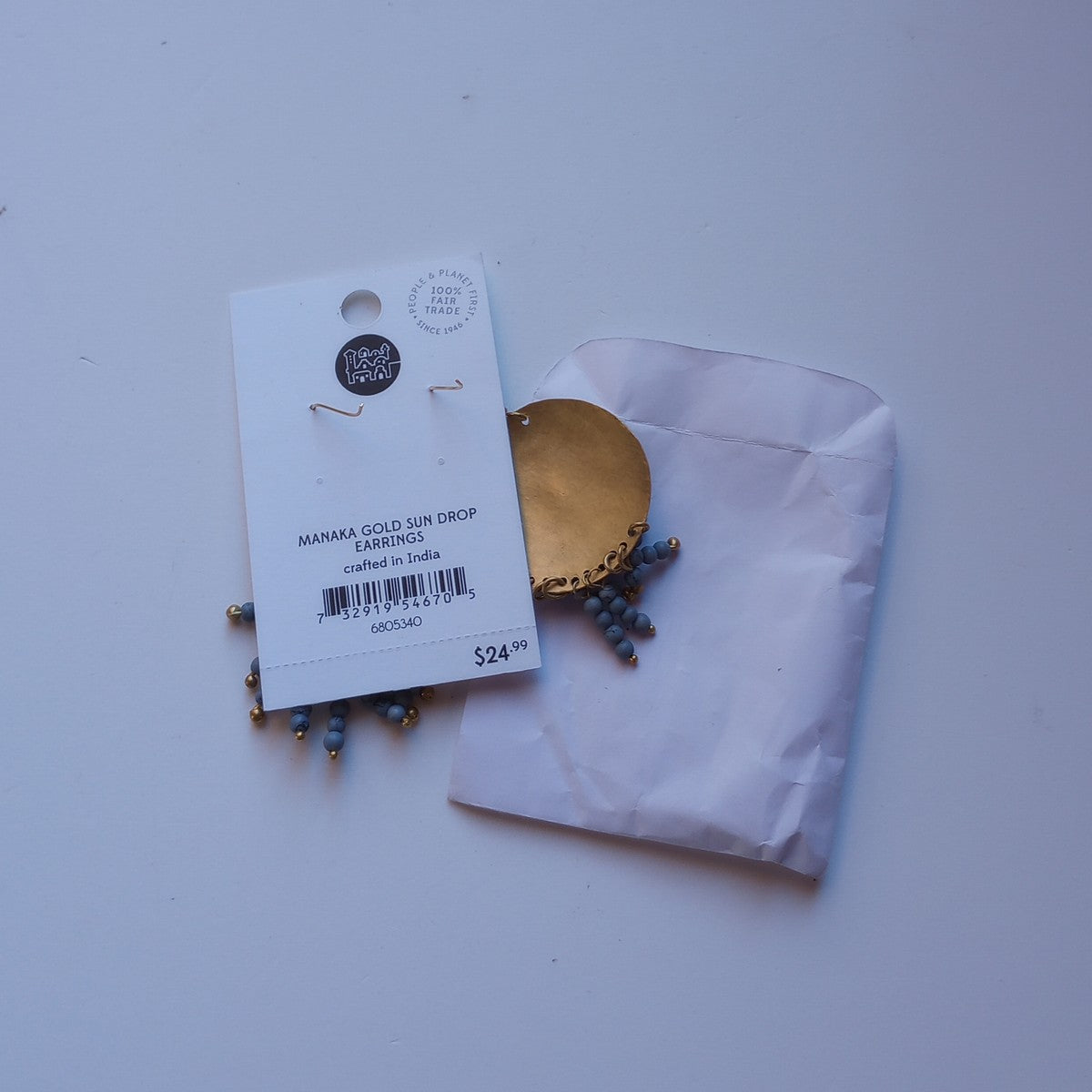 Earrings hammered disc/frings brass 2.75L br/blu