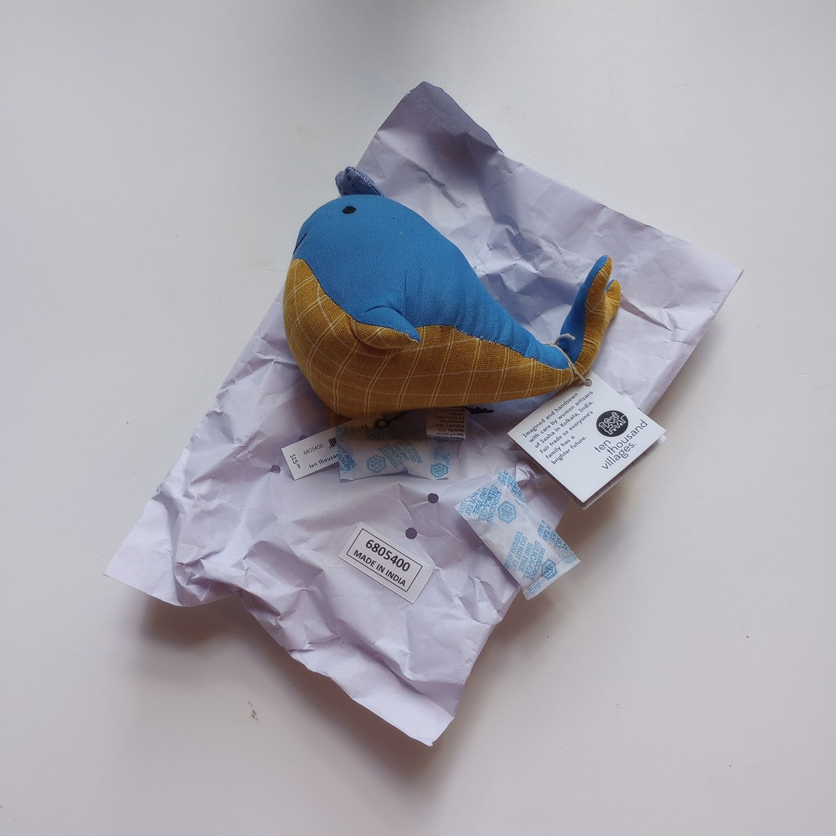 Whale stuffed cotton/kapok 7Lx5W blue/yellow