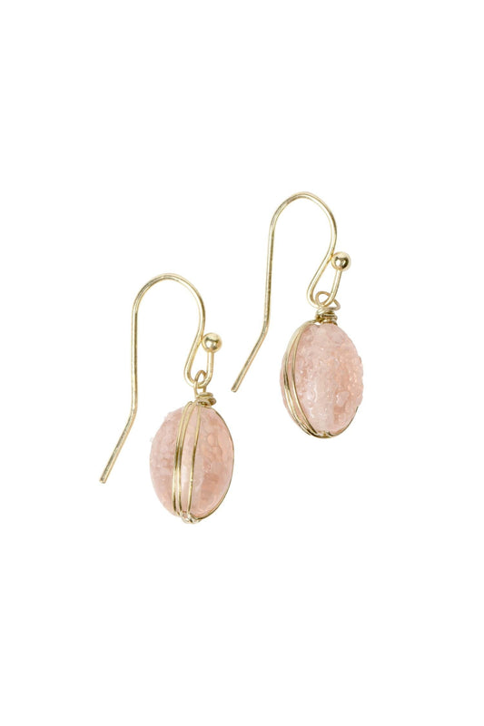 Earrings wire wrap glass/br 1L pink/gold