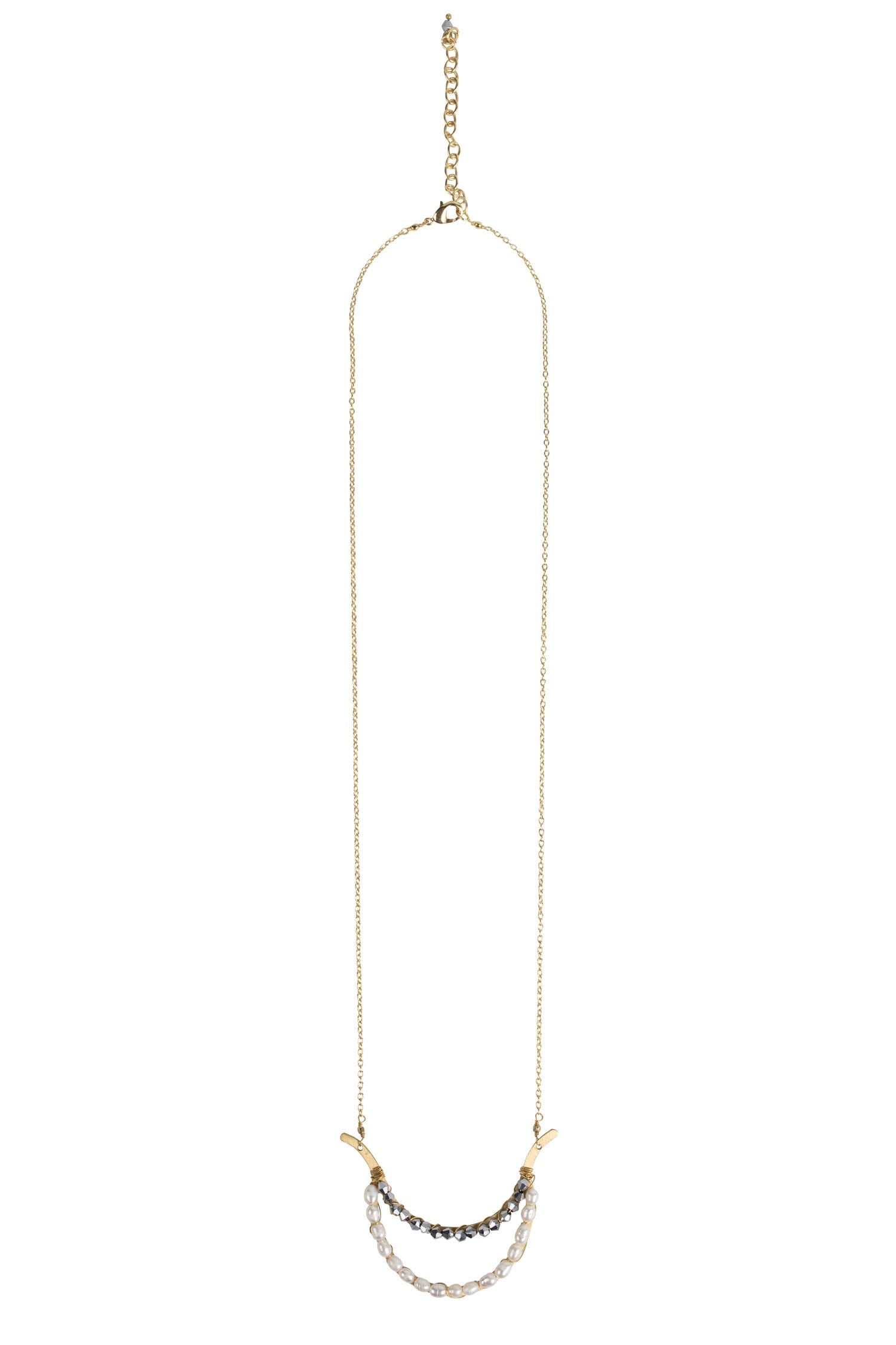 Necklace double U pend pearl/brass 24L gold color