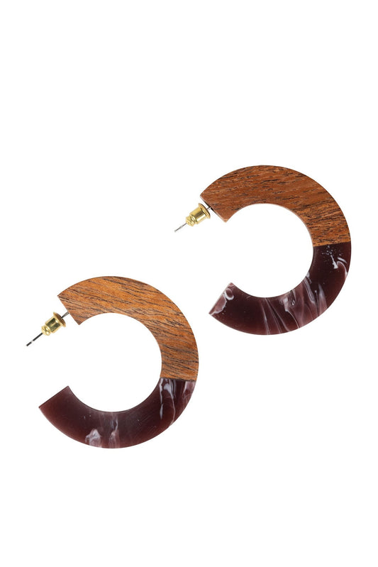 Earrings post 2 toned hoop wd/resin 1.75D brn/brg