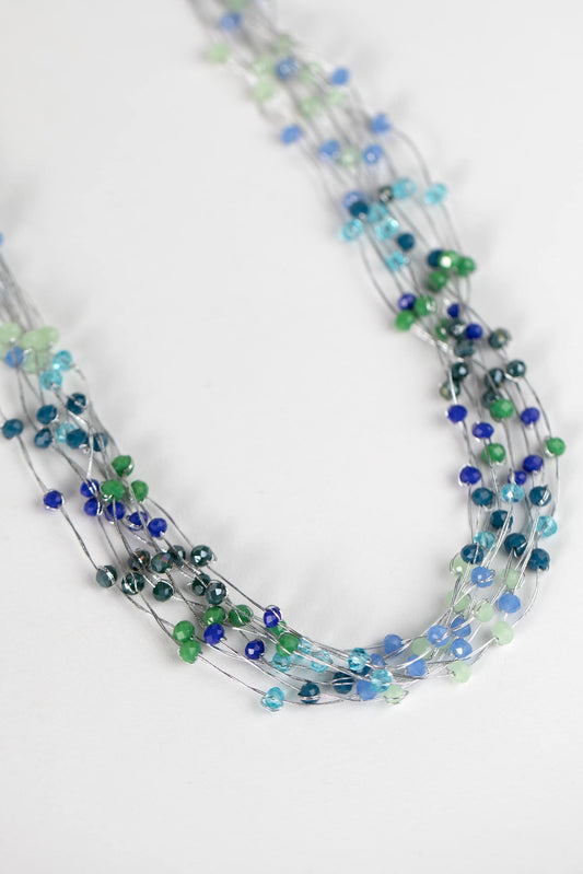 Necklace multistrand mini beads/thread 20L blu/grn