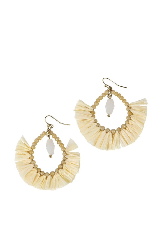 Earrings fringed/beaded crcl raffia/glass 2.5L crm