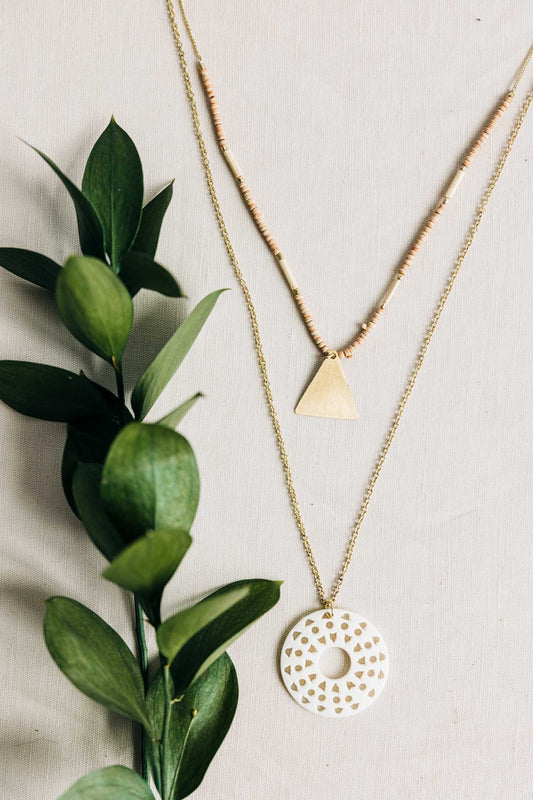 Necklace pale sun w/pend bone/wd/br 26L gld/brn