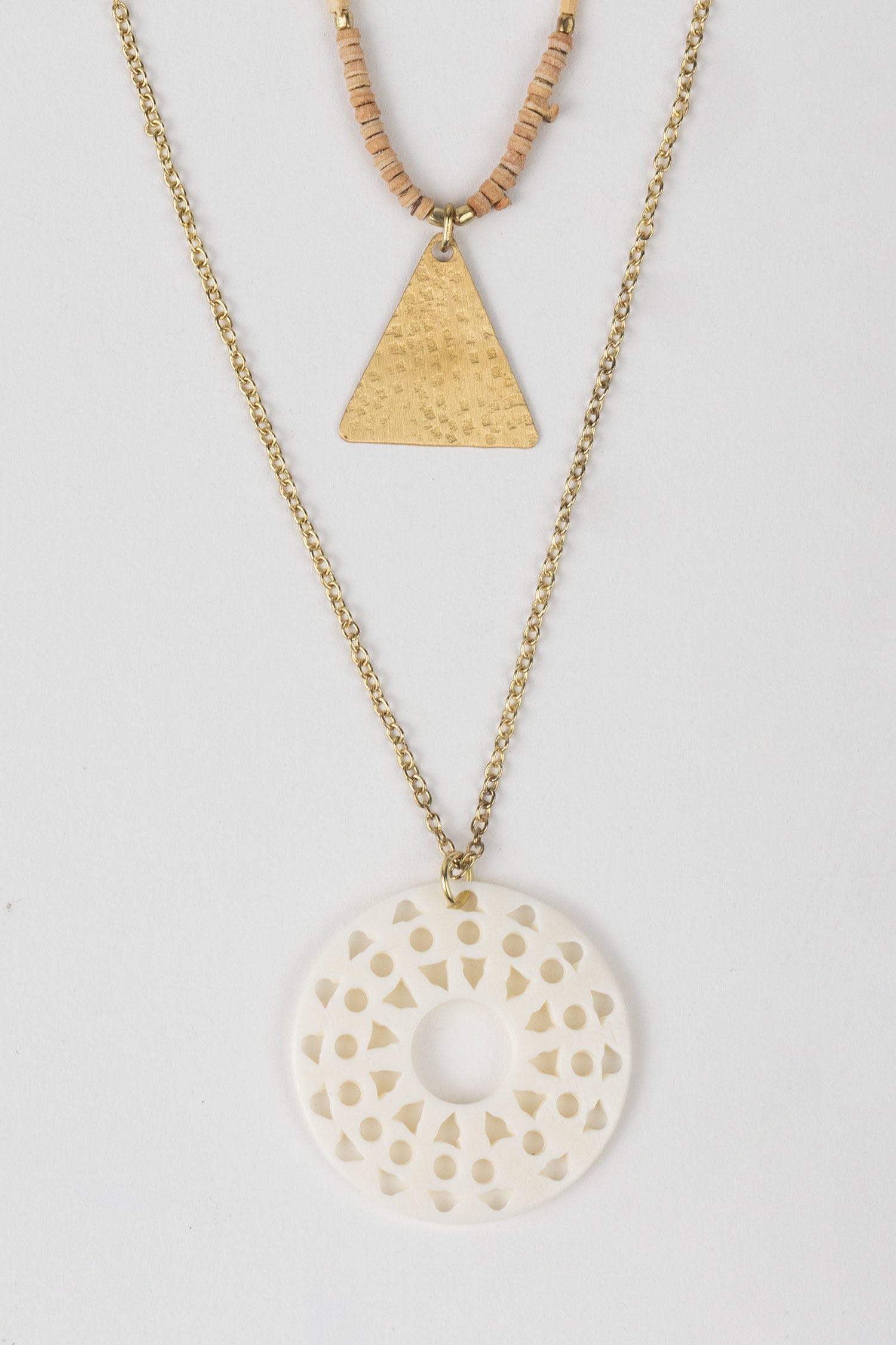 Necklace pale sun w/pend bone/wd/br 26L gld/brn