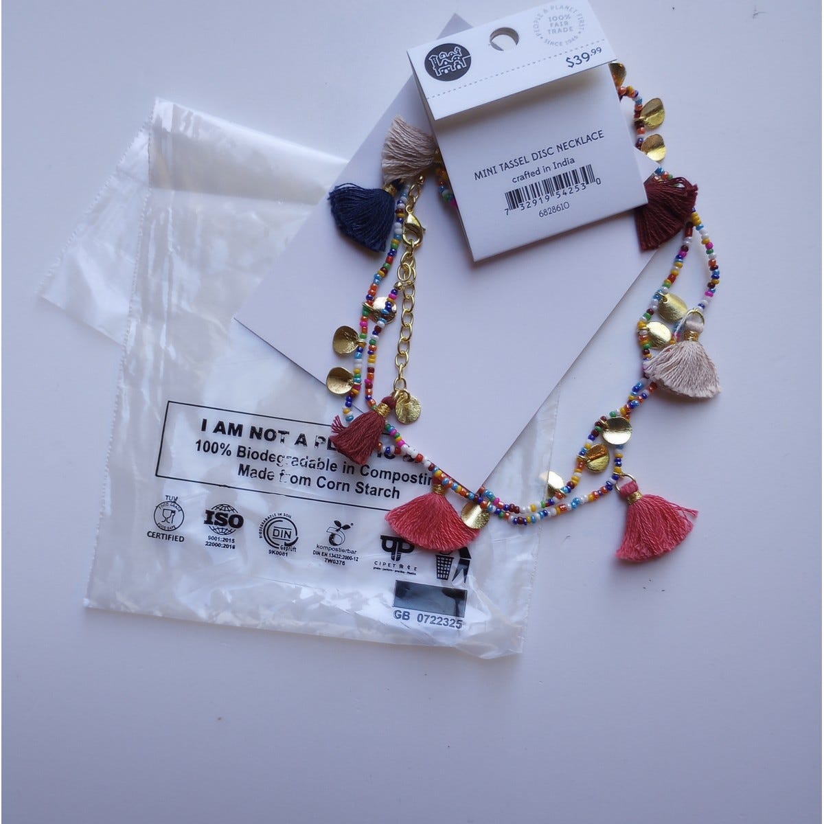 Necklace bead/disc/tassels glass/string 34L multi