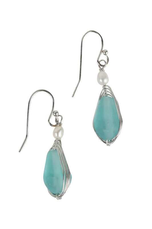 Earrings wrapped glass/pearl 1.5L aqua/silv