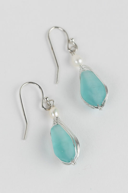 Earrings wrapped glass/pearl 1.5L aqua/silv