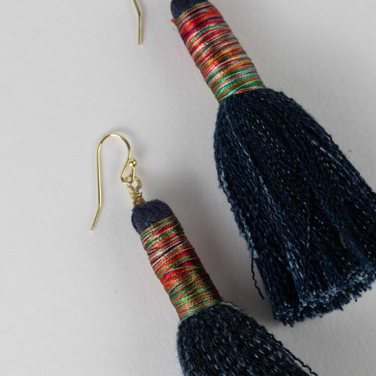 Earrings tassel denim/thread 3L navy/multi
