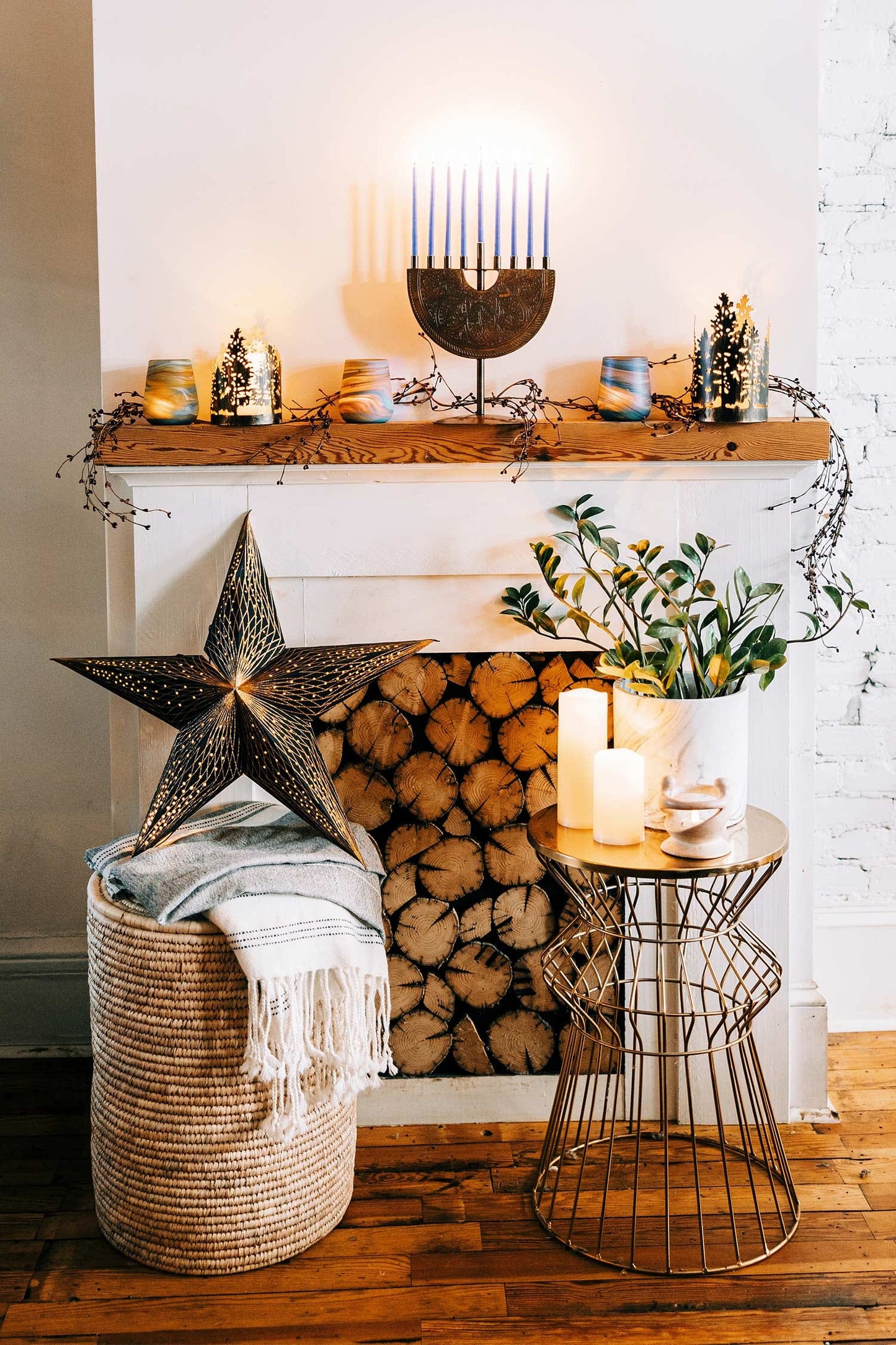 Menorah engraved iron 9Wx11H antiqued copper color