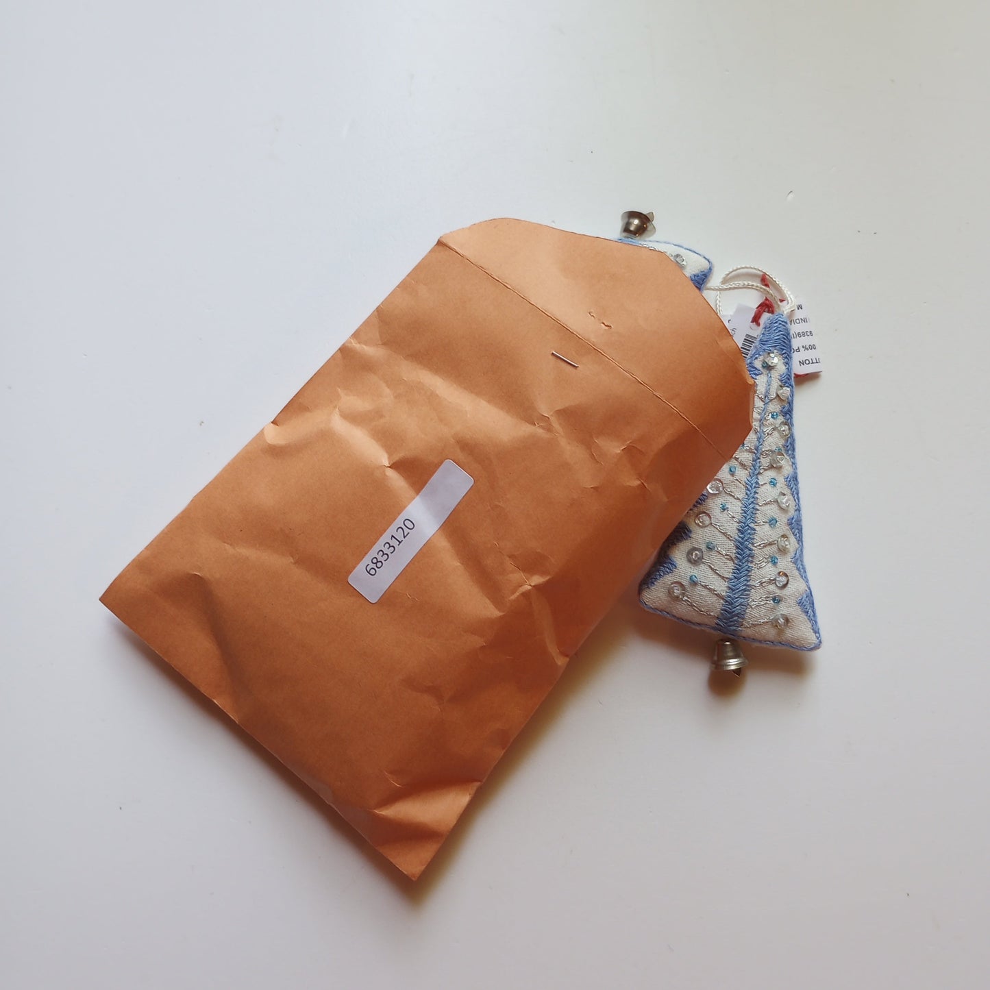 Ornament tree w/bell M/3 stuff emb cttn 4H blu/wht