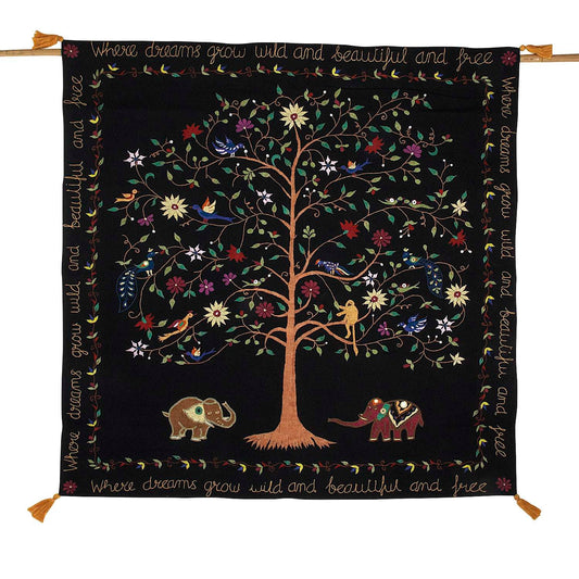 Wall Hanging, Embroidered Black Tree of Life