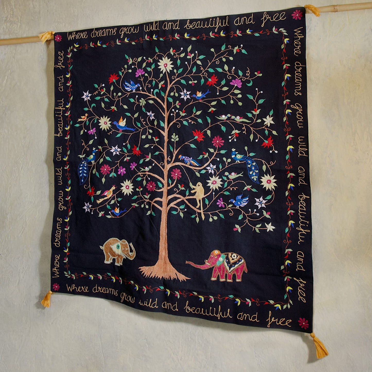 Wall Hanging, Embroidered Black Tree of Life