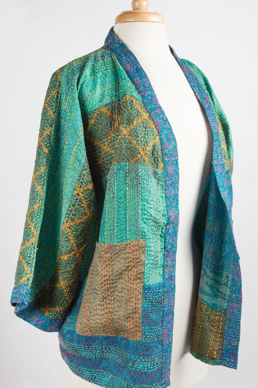 Kimono stitched upcycled sari 26L teal/green/multi