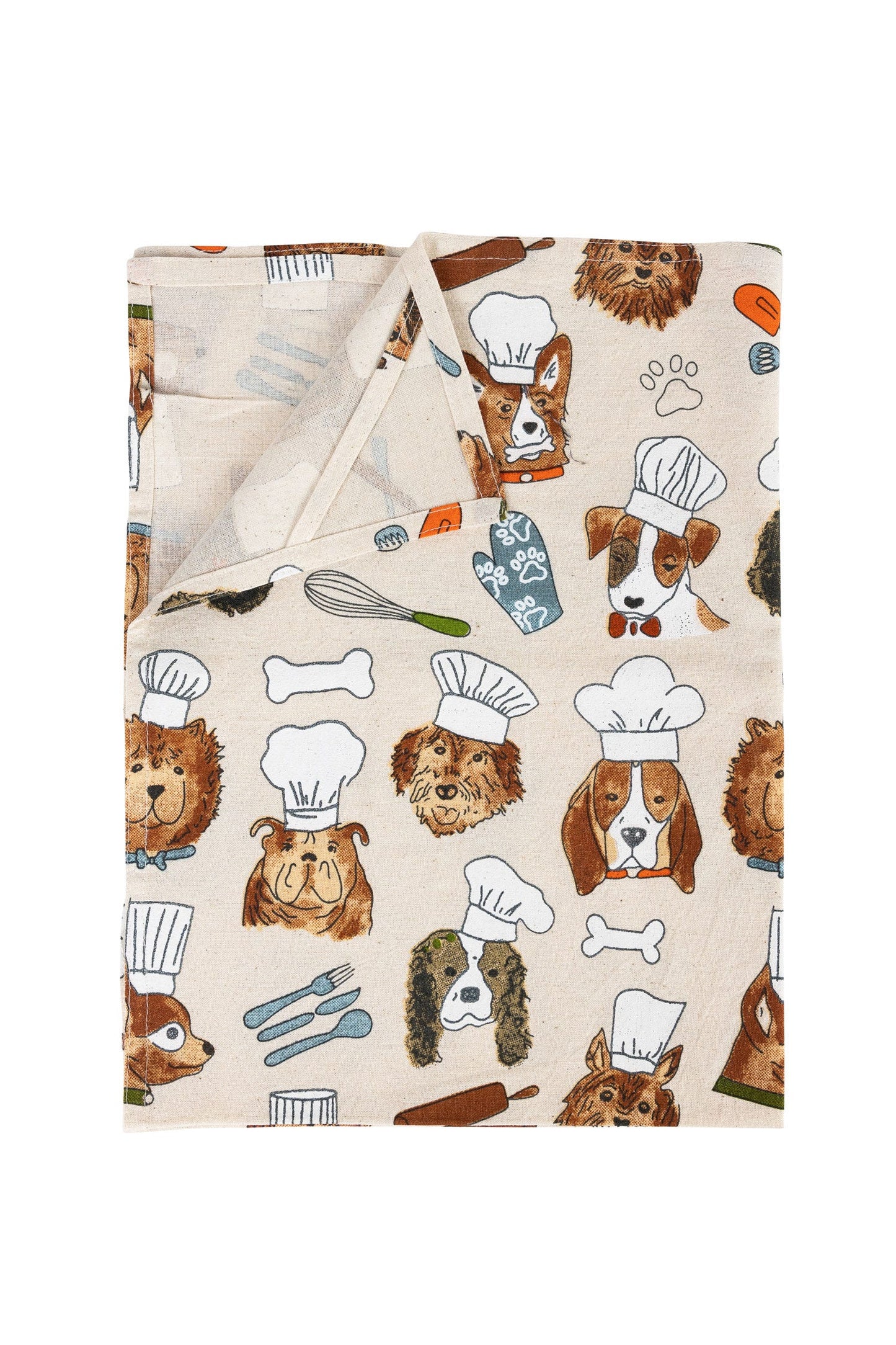 Tea towel dog chefs M/3 cotton 18x24 crm/brn/grn