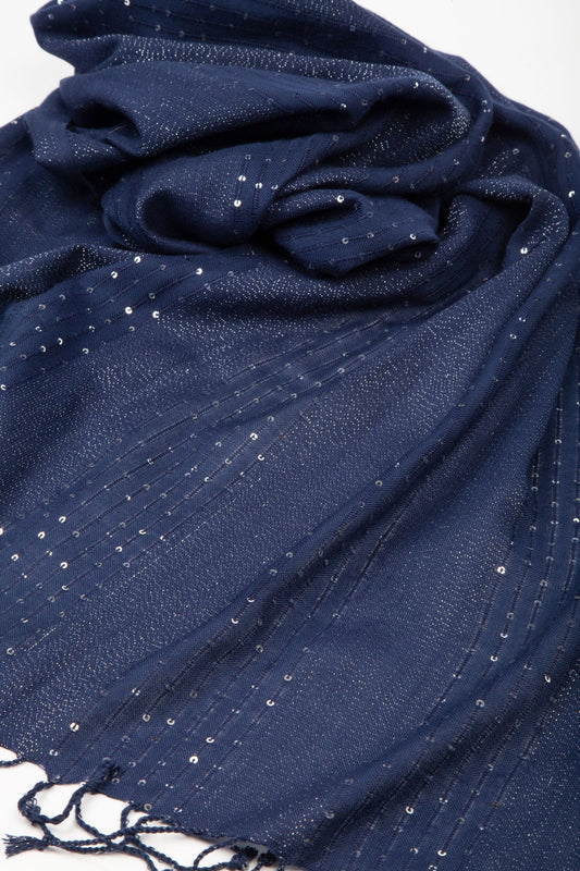 Scarf sequins/fringe viscose 76Lx21W navy/silver