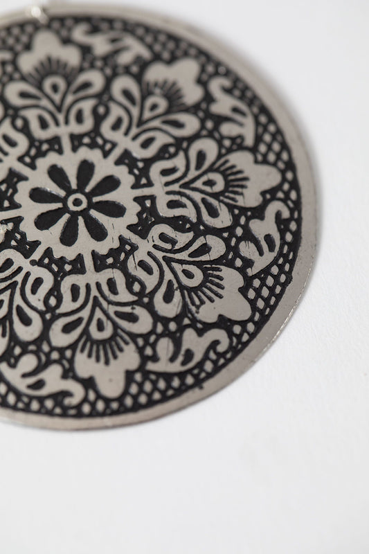 Earrings large disc embossed metal 2D silver/black