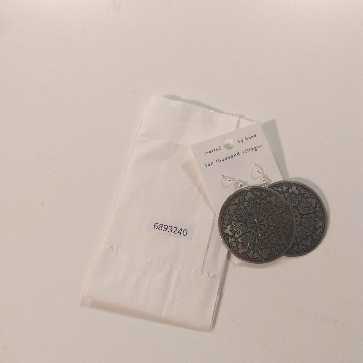 Earrings large disc embossed metal 2D silver/black
