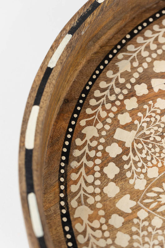 Tray hand painted mandala mango 15Dx2H brn/wht/blk