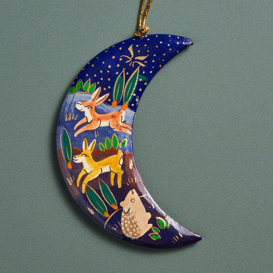 Ornament moon M/3 printed paper mache 4H blu/multi