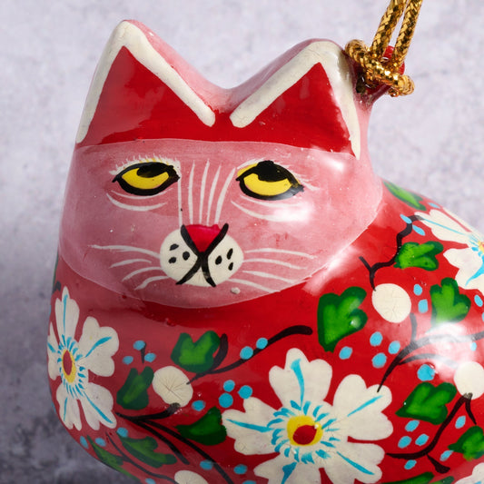 Ornament cat M/3 painted paper mache 2W red/multi