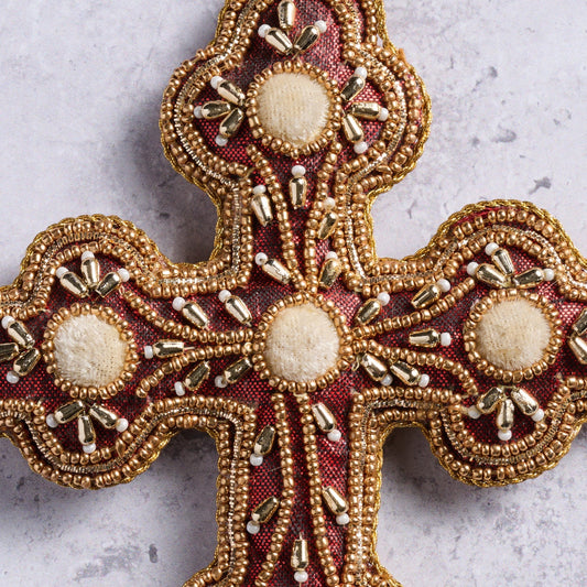 Ornament cross M/2 stuffed satin/poly 5.5H red/gld