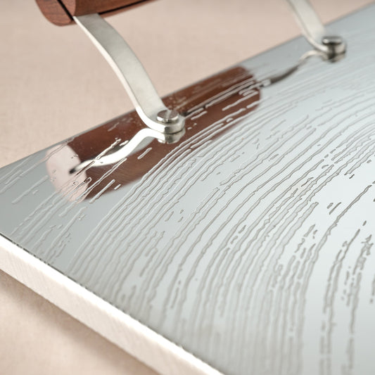 Tray wood grain s-steel/mango wd 21.5Lx10W silv