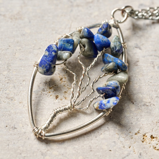 Necklace tree wire oval ir/br/lapis 15L silv/blue