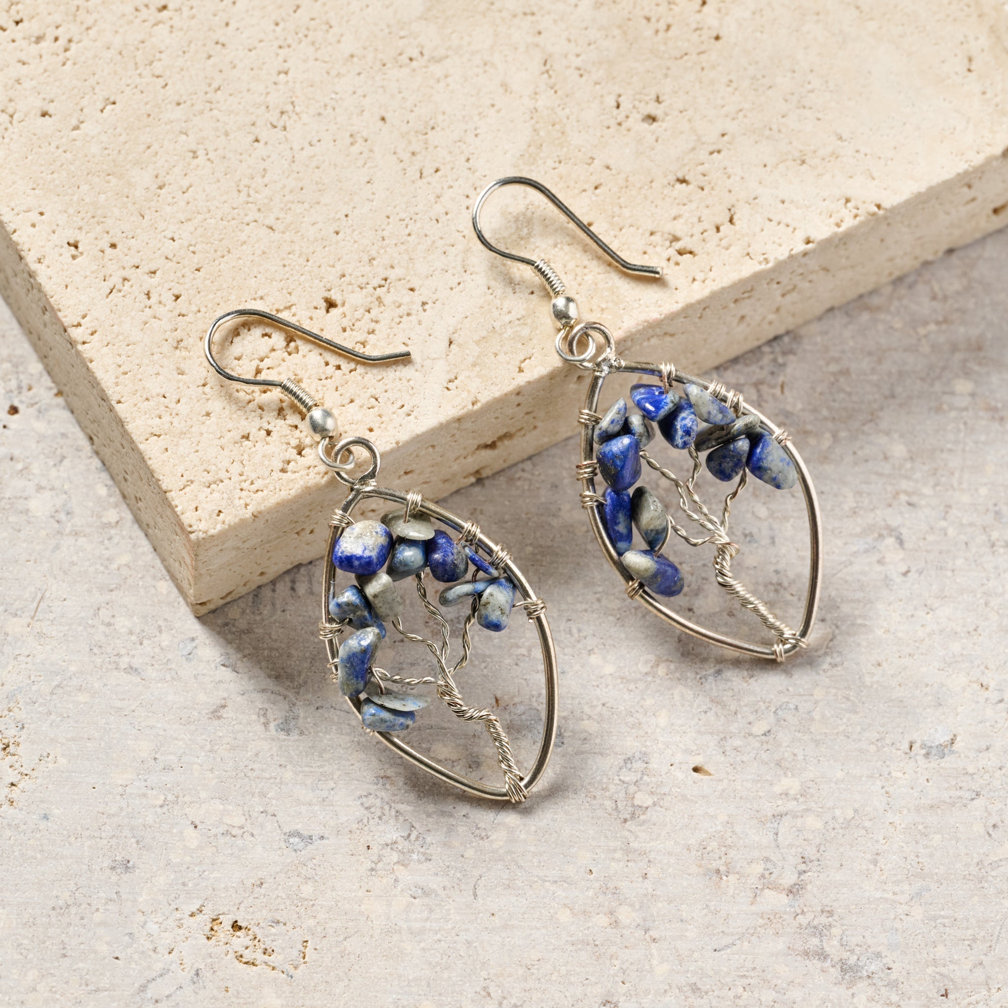 Lapis Stone Tree Drop Earrings