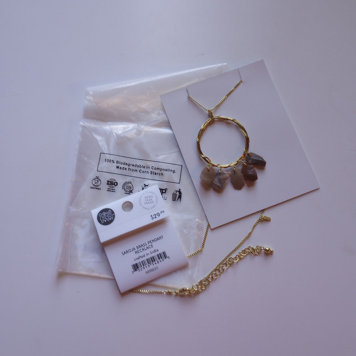 Necklace pendand rnd stone chip/br 22L gld/gry/brn