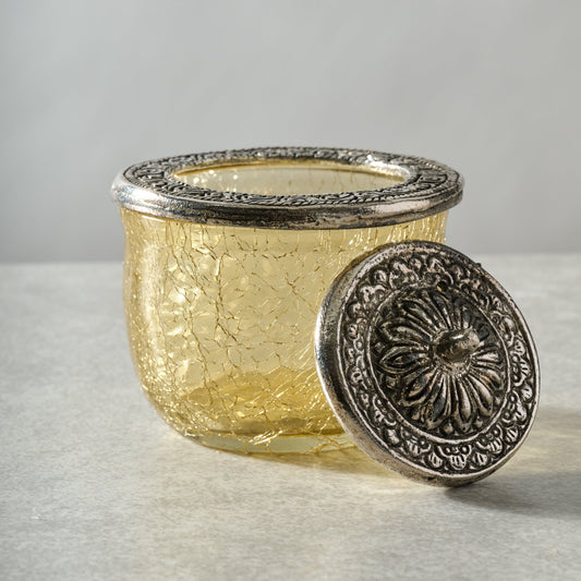 Jar with lid crackle glass/br 3Dx3H yellow/silver