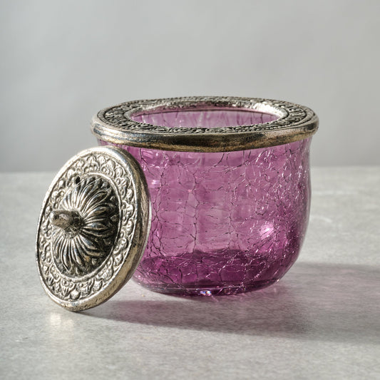 Jar with lid crackle glass/br 3Dx3H purple/silver
