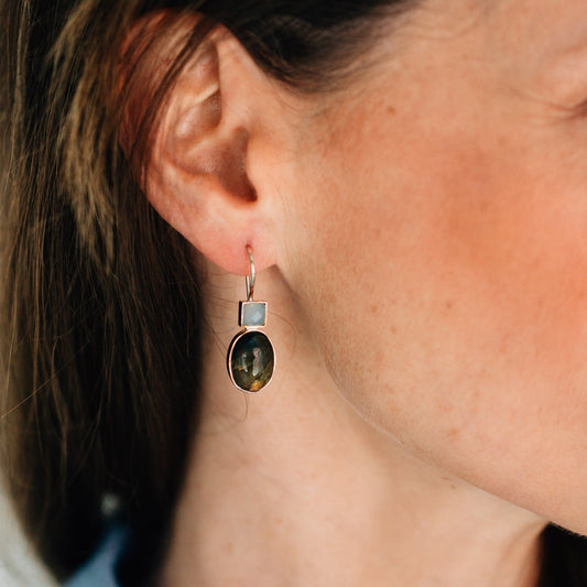 Earrings dngl sq/ovl strlg silv/stn 1.5L silv/gray